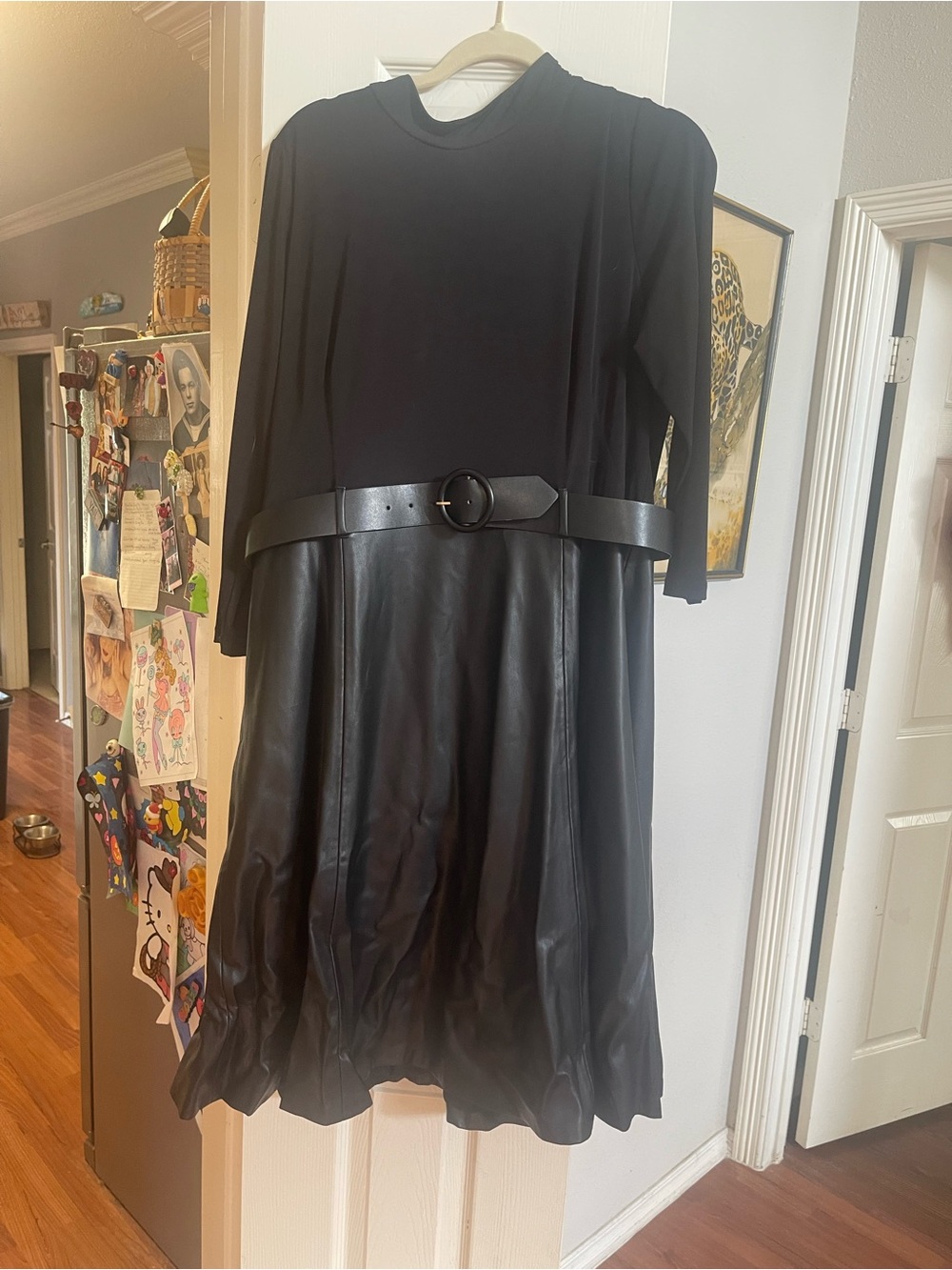 Calvin Klein Black Long Sleeve Dress with Faux-Leather Skirt and Belt